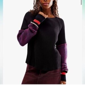 FREE PEOPLE Mod About You Cuff Raglan Pullover Washed Black Combo Size Small